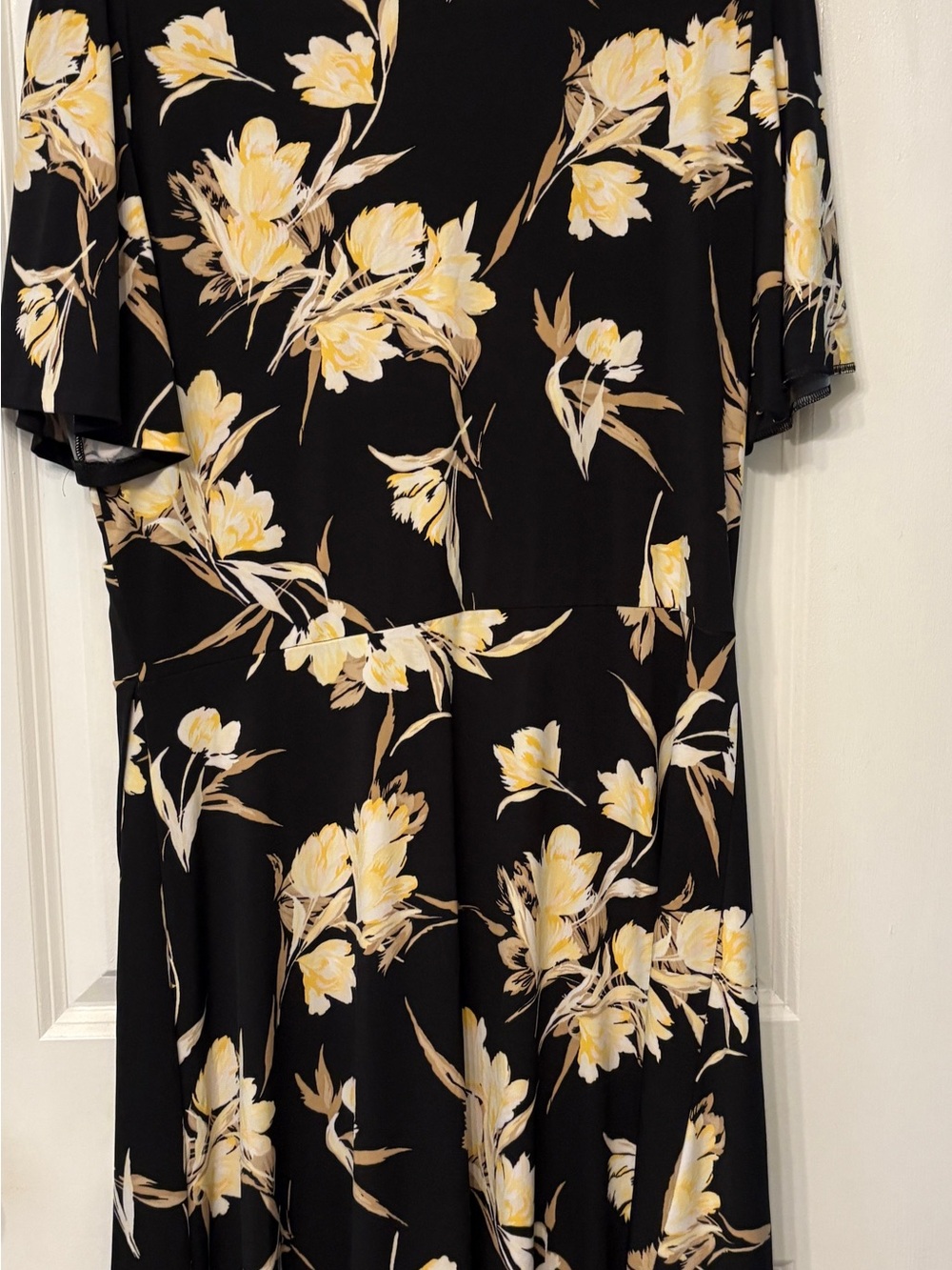 White House Black Market Black Floral Wrap Dress with Yellow and Cream Blooms - Picture 3 of 3